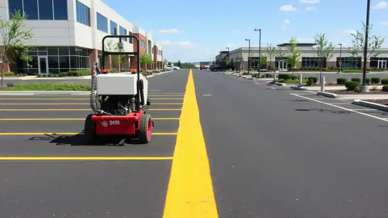 Professional line-striping machine marking a finished commercial parking lot