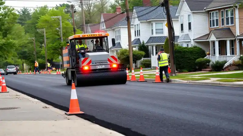 Professional paving crew compacting fresh asphalt on a municipal street