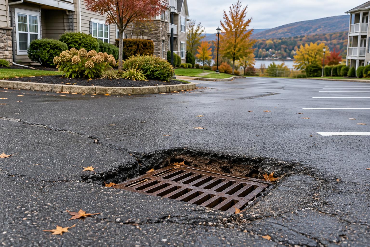 Sinking catch basins at HOA and condo communities in Hyde Park: causes and repair options — commercial asphalt project photo, Hudson Valley NY